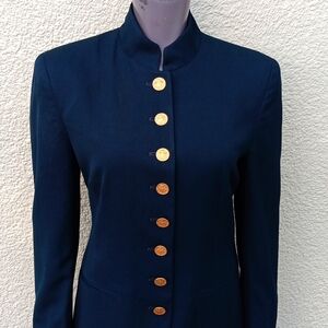 JONES NY LADIES VINTAGE NAVY BLUE PURE WOOL (8) BRASS BUTTON LUXURY BLAZER (USA)